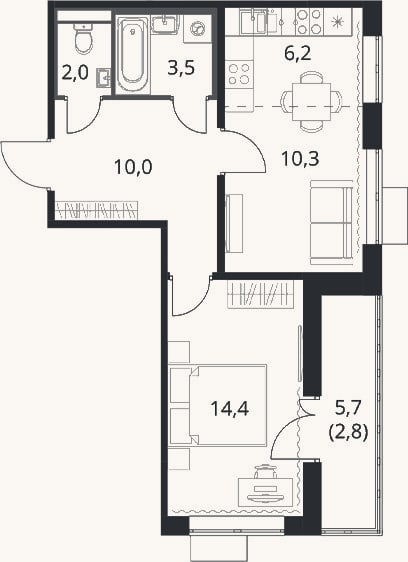 Планировка: 2-к, 46,4 м²