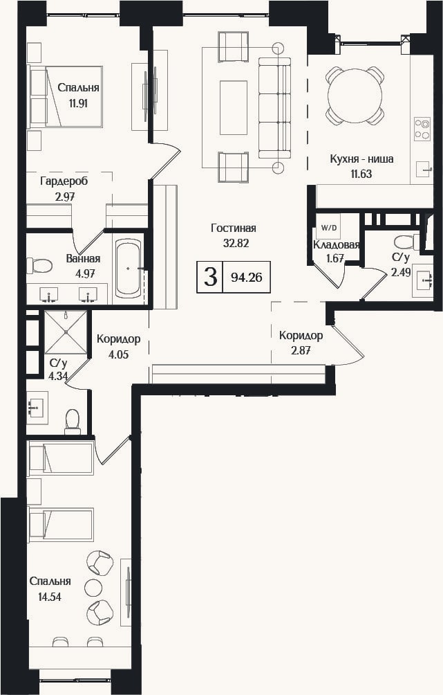 Планировка: 3-к, 94,3 м²