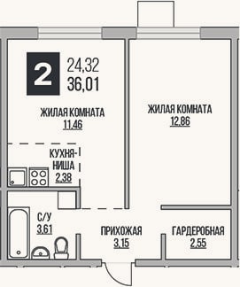 Планировка: 2-к, 36 м²