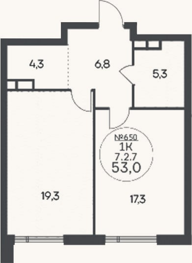 Планировка: 1-к, 53 м²