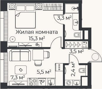 Планировка: 2-к, 37,2 м²