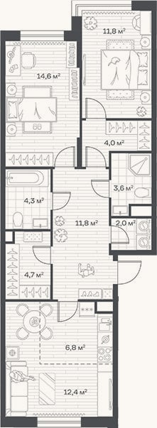 Планировка: 3-к, 76 м²
