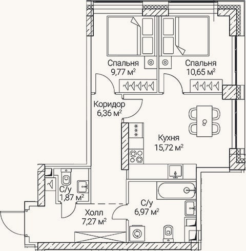 Планировка: 2-к, 58,6 м²