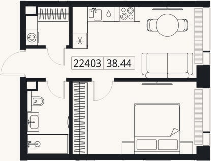 Планировка: 2-к, 38,4 м²