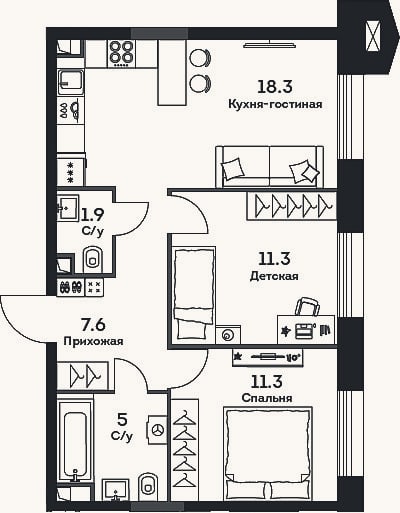 Планировка: 3-к, 55,4 м²