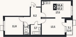 Планировка: 3-к, 55,6 м²