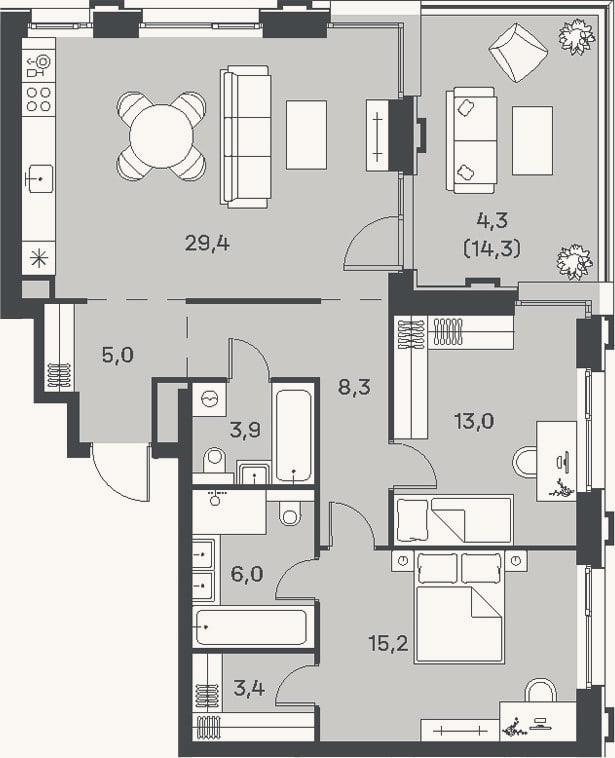 Планировка: 3-к, 84,2 м²