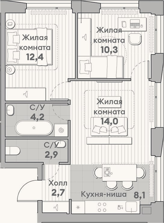 Планировка: 3-к, 54,6 м²