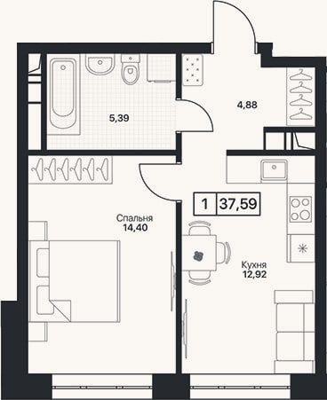 Планировка: 1-к, 37,6 м²