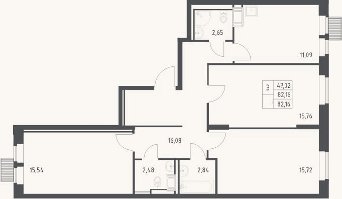 Планировка: 3-к, 82,2 м²