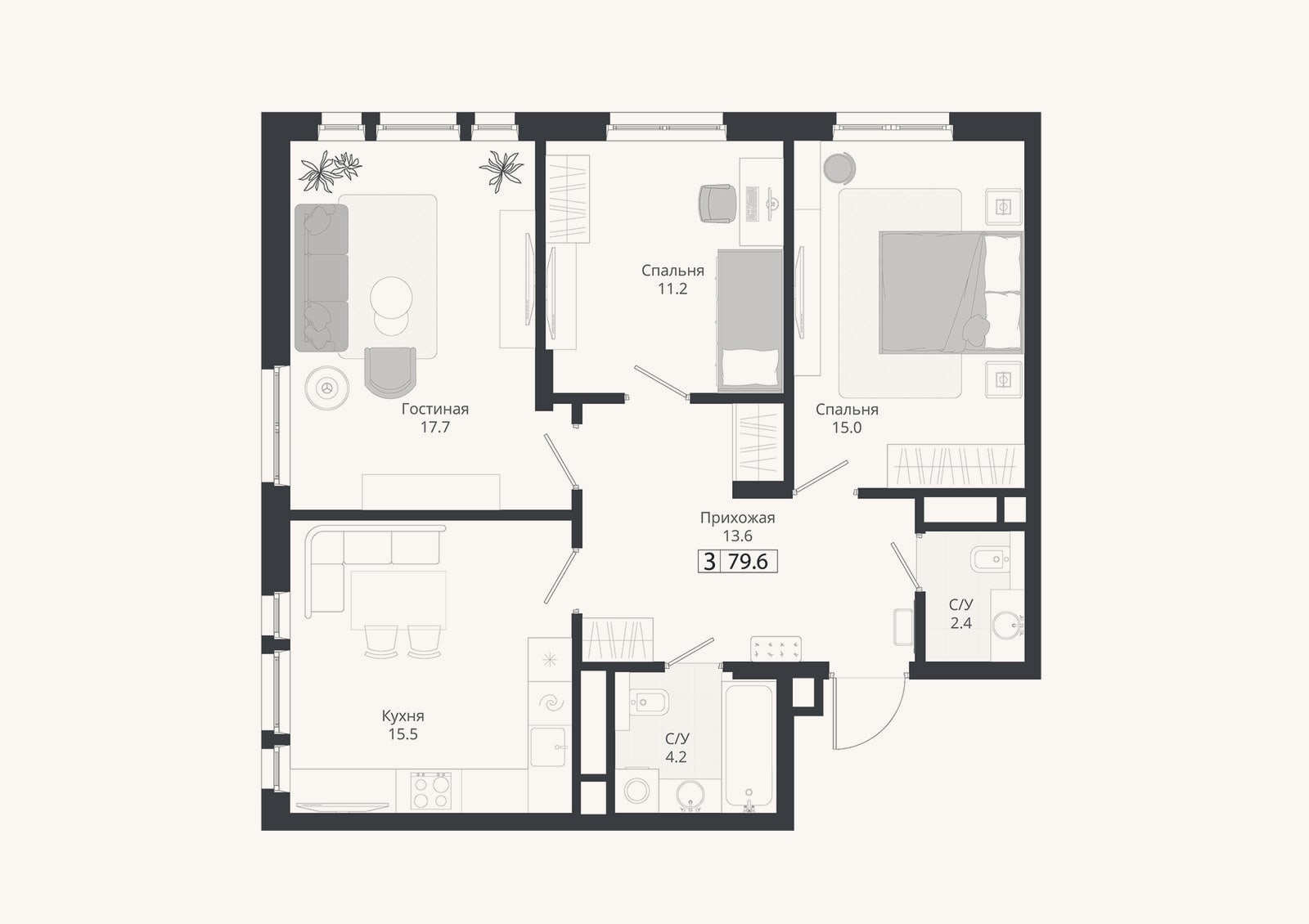Планировка: 3-к, 79,6 м²