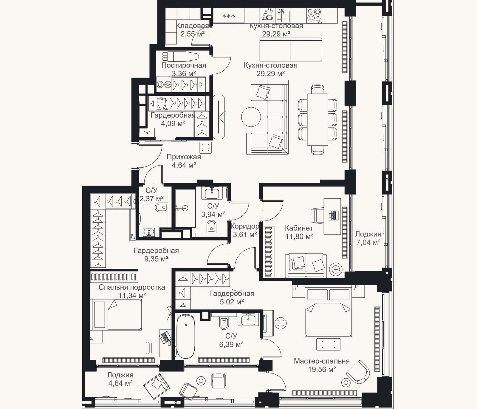 Планировка: 3-к, 123,3 м²