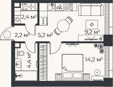 Планировка: 2-к, 37,6 м²