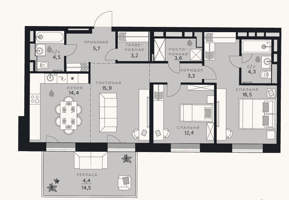 Планировка: 3-к, 85,8 м²