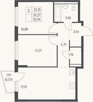 Планировка: 3-к, 52,4 м²
