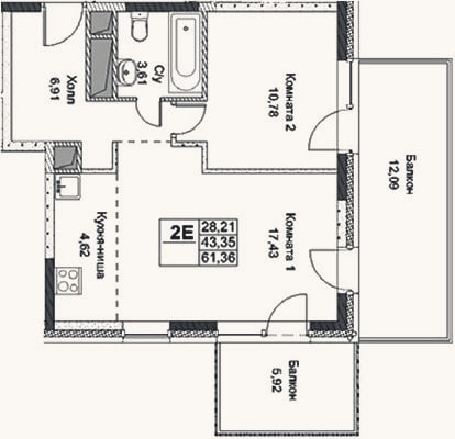 Планировка: 2-к, 43,4 м²