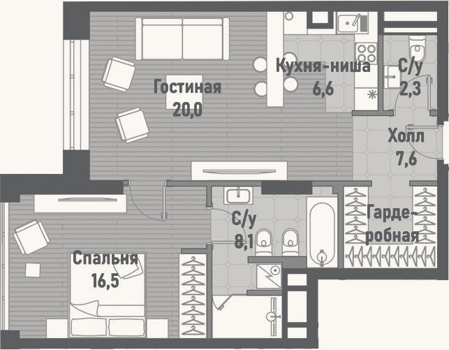 Планировка: 2-к, 61,1 м²