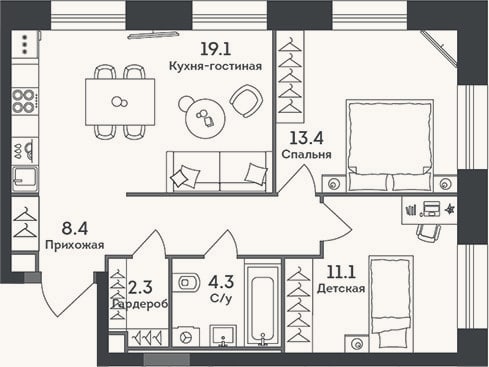 Планировка: 3-к, 58,6 м²