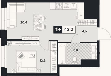 Планировка: 1-к, 43,2 м²