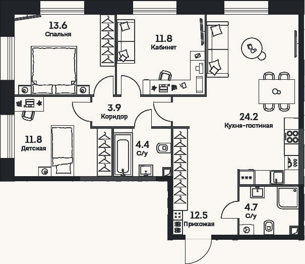 Планировка: 4+ к, 86,9 м²