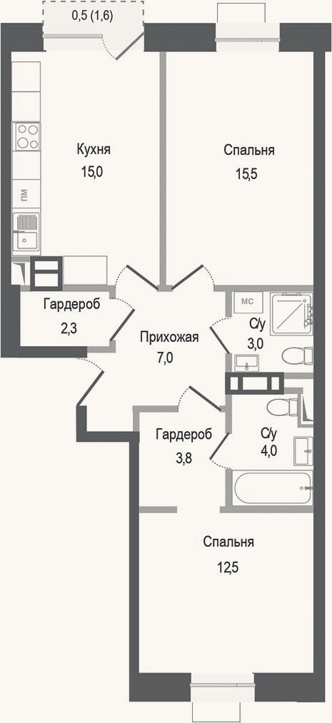 Планировка: 2-к, 63,1 м²