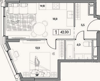 Планировка: 2-к, 42,3 м²