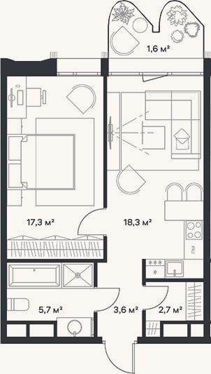 Планировка: 2-к, 47,6 м²