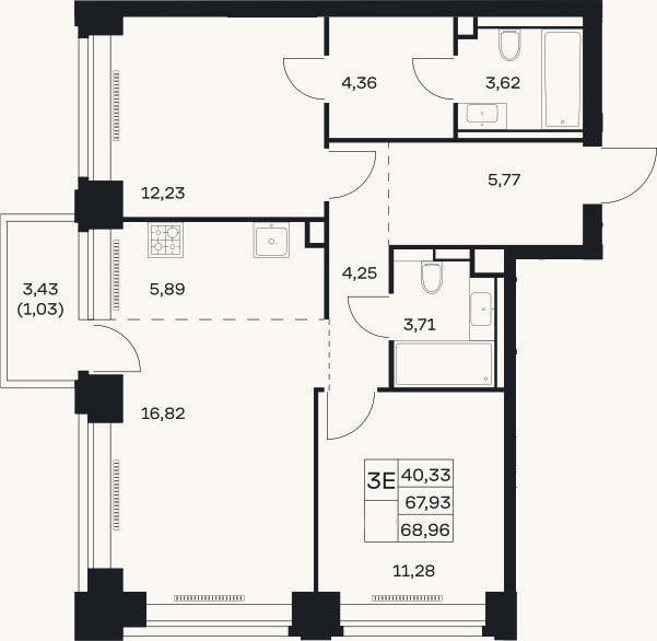 Планировка: 3-к, 67,9 м²