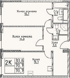 Планировка: 2-к, 70,7 м²