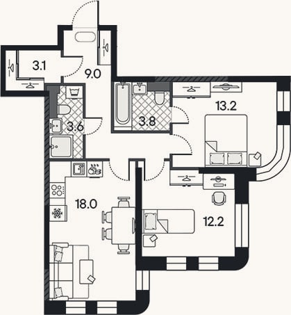 Планировка: 3-к, 62,9 м²