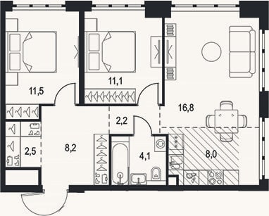 Планировка: 3-к, 64,4 м²
