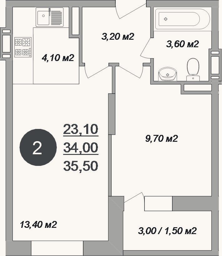 Планировка: 2-к, 34 м²