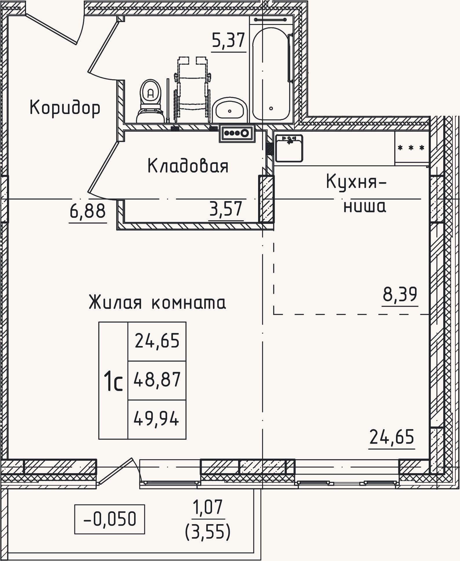 Планировка: Студия, 48,9 м²