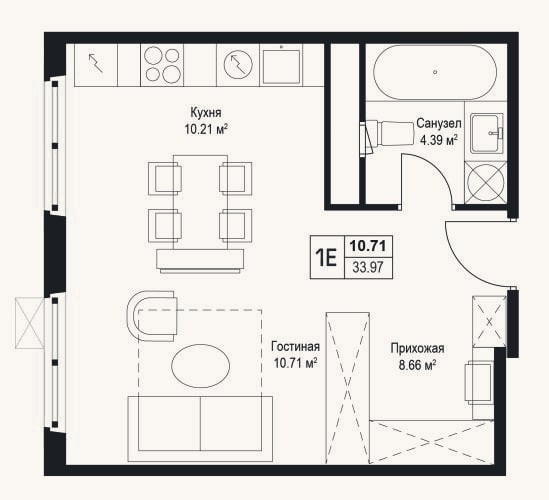 Планировка: Студия, 34 м²