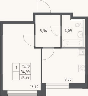 Планировка: 1-к, 35 м²