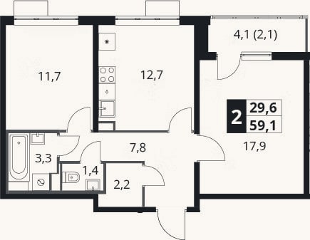 Планировка: 2-к, 57 м²