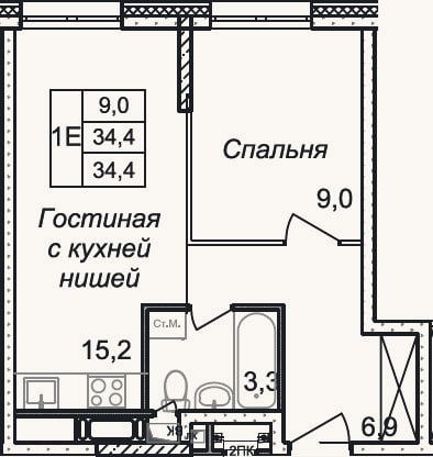 Планировка: 2-к, 34,4 м²