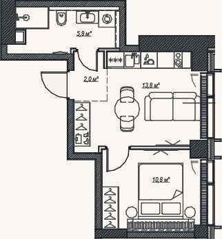 Планировка: 2-к, 32,5 м²