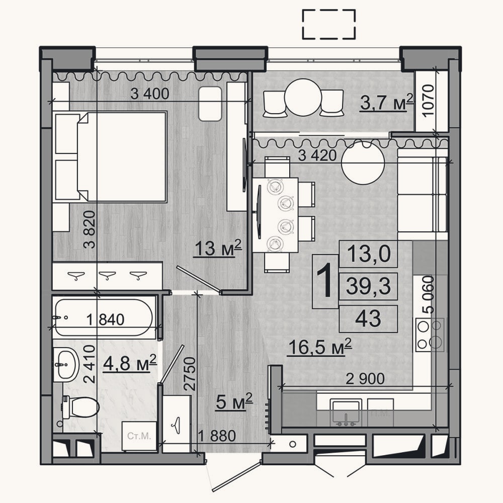 Планировка: 2-к, 39,3 м²