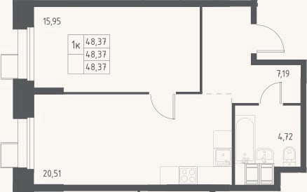 Планировка: 2-к, 48,4 м²