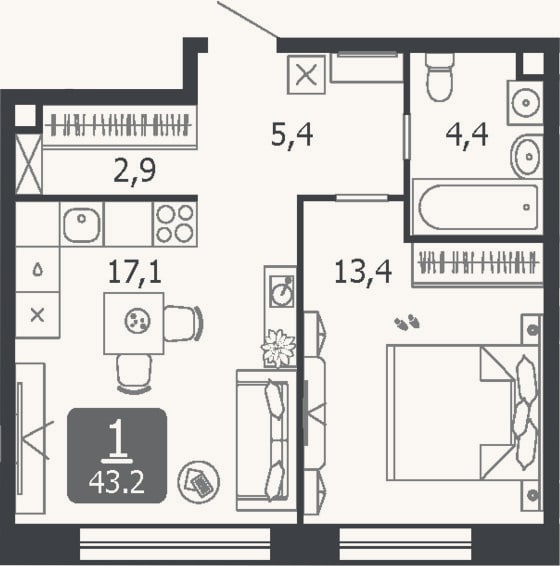 Планировка: 2-к, 43,2 м²