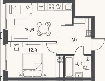 Планировка: 2-к, 38,5 м²