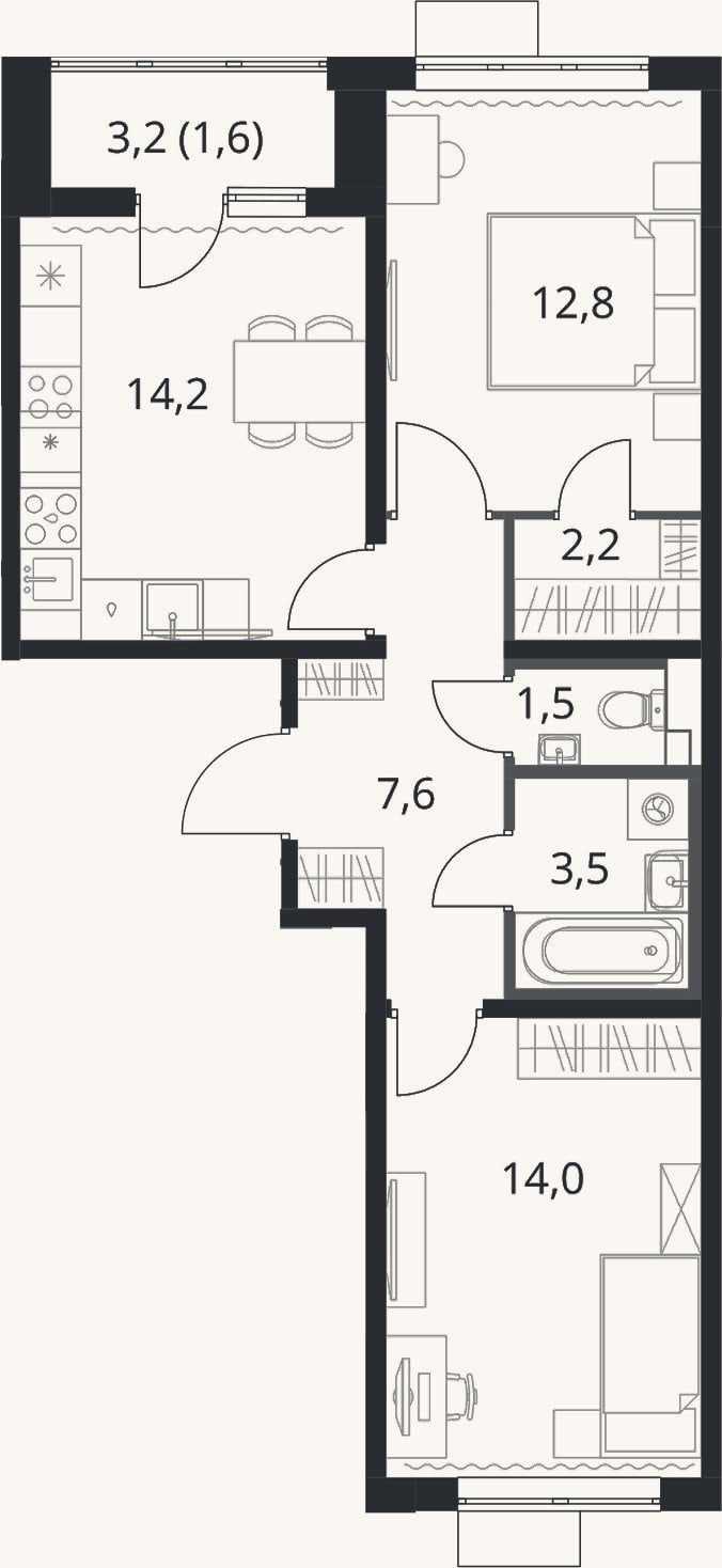 Планировка: 2-к, 55,8 м²