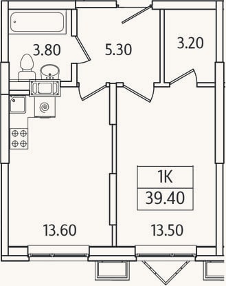 Планировка: 1-к, 39,4 м²