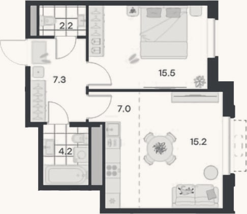 Планировка: 2-к, 51,4 м²