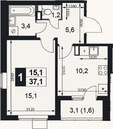 Планировка: 1-к, 35,5 м²