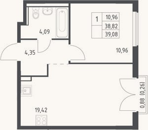 Планировка: 2-к, 38,8 м²