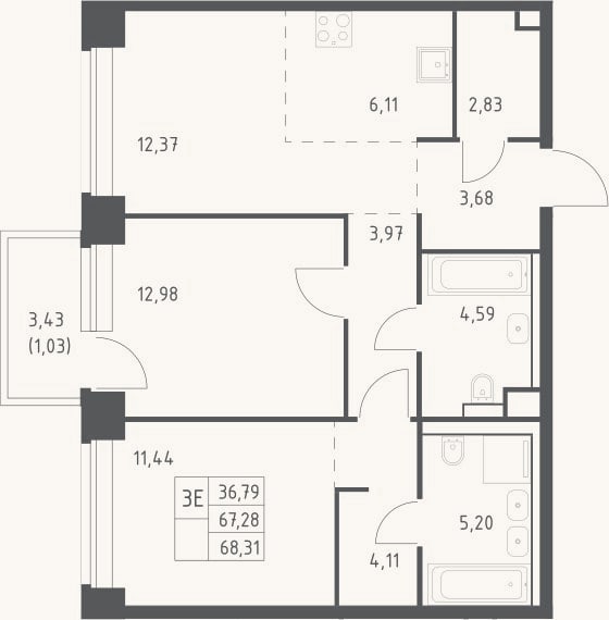 Планировка: 3-к, 67,3 м²