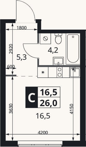 Планировка: Студия, 26 м²