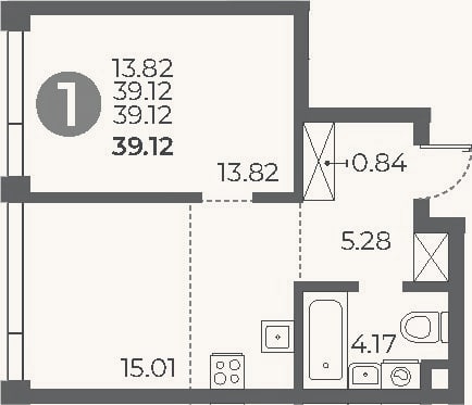 Планировка: 1-к, 39,1 м²